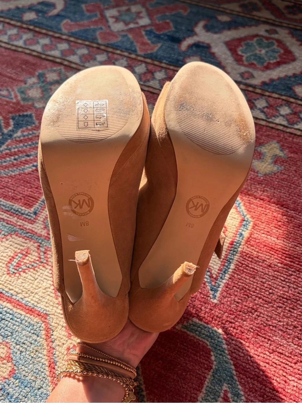 Michael Kors Tan Suede Open-Toe Buckle Mule Heels